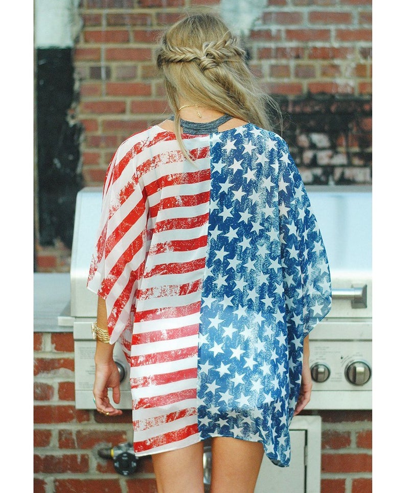 Askwind 4th of July Women's American Flag Print Kimono Cover Up Tops Shirt (A1) - Image 4